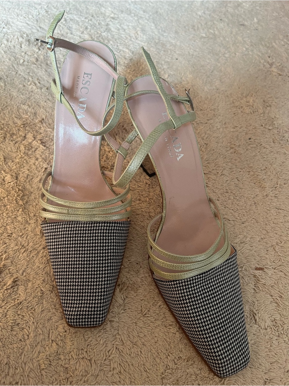 Escada Sage Green Strappy Houndstooth Pointed-Toe Heels